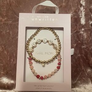 UNWRITTEN Pink Quartz Stone & Beaded Stretch Bracelet Set In Gold GIRL MOM